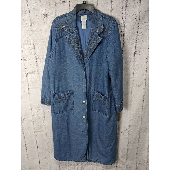 Blair Boutique Vintage Lined Denim Duster Jacket Trench Artsy Festival Boho Embe - Picture 1 of 9